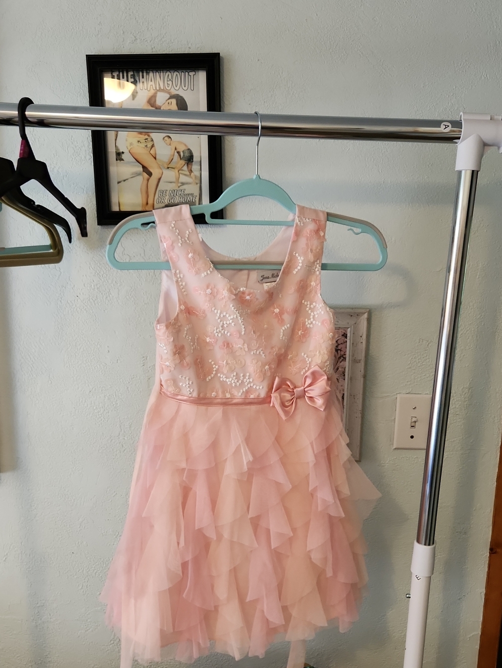 Jona Michelle Pink Floral Sequin Tulle Dress with Bow